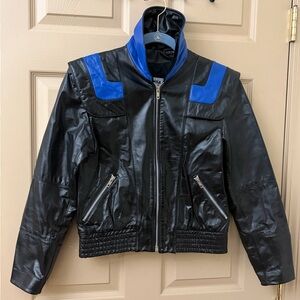 Vintage 80s genuine leather racer jacket black and cobalt blue